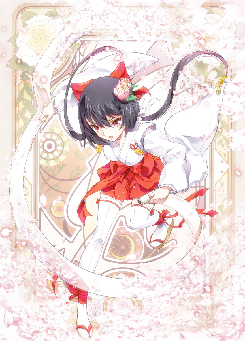 absurdres black_hair female flower full_body hair_flower hair_ornament hair_ribbon hakama hakama_short_skirt hakama_skirt highres holding holding_scroll japanese_clothes kaishaku long_hair looking_at_viewer miko open_mouth original petals red_eyes red_hakama ribbon sandals scroll skirt solo thighhighs twintails very_long_hair white_thighhighs zouri