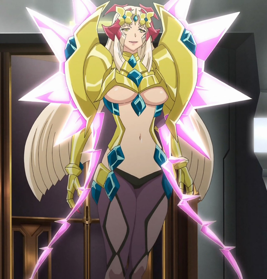 armor belly belly_button blonde_hair bodysuit breasts fine_(symphogear) highres long_hair navel sakurai_ryouko screencap screencat senki_zesshou_symphogear stitched thighhighs underboob yellow_eyes