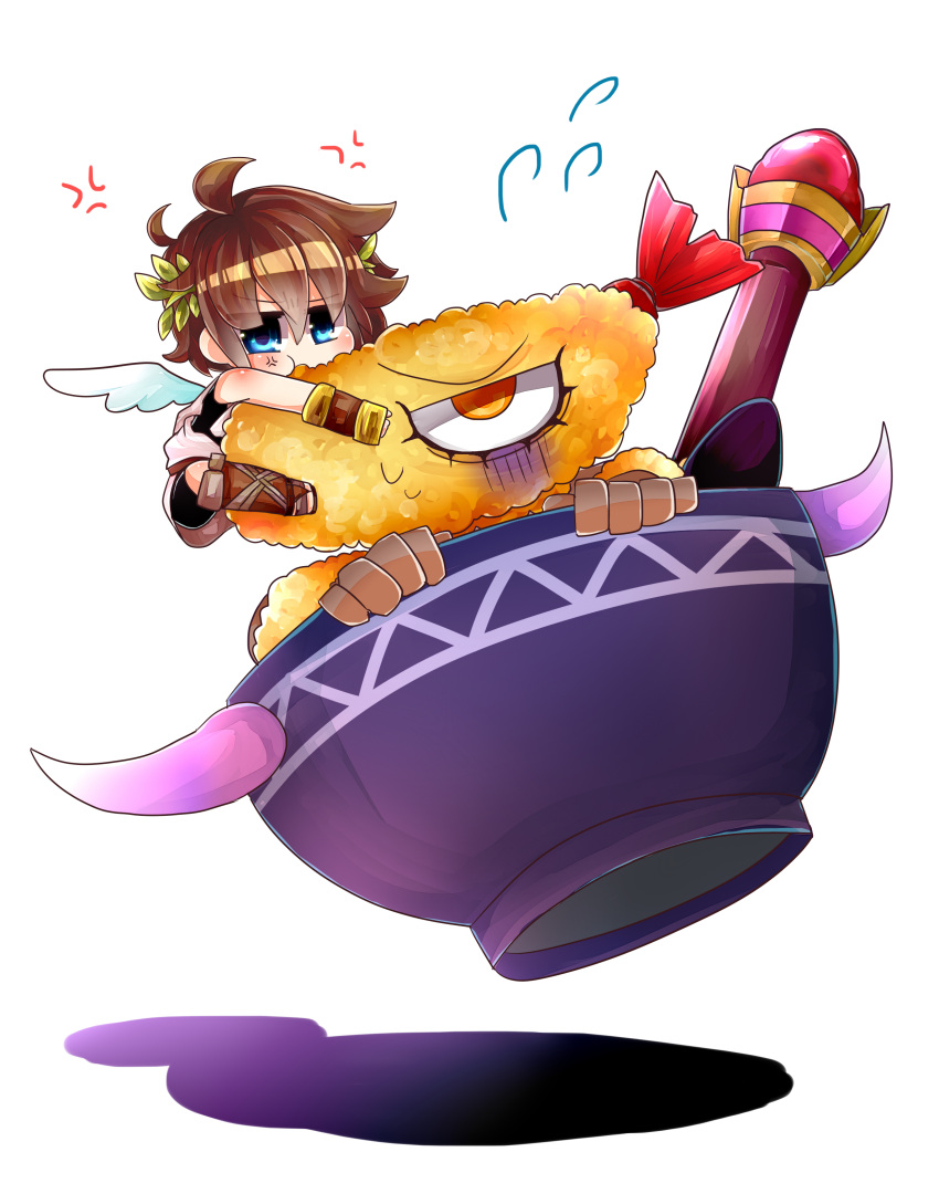 1boy absurdres bowl bracer brown_hair chibi commentary_request food highres horns irony kid_icarus kid_icarus_uprising otemoto_hashira pit_(kid_icarus) shrimp shrimp_tempura simple_background tempura tempura_wizard wings