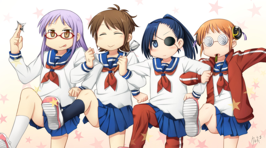 4girls brown_hair commentary_request eyepatch gintama glasses hyadain_no_joujou_yuujou kagura_(gintama) kuroneko_(carmentic) multiple_girls nichijou parody purple_hair sarutobi_ayame school_uniform serafuku shimura_tae shuriken weapon yagyuu_kyuubei