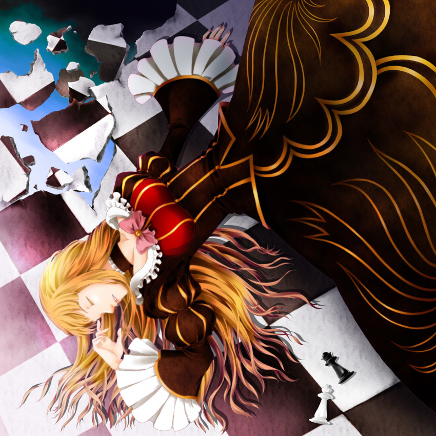 beatrice_(umineko) blonde_hair bow checkered_background chess_piece choker closed_eyes colored_eyelashes commentary_request female frilled_choker frills hair_down highres long_hair lying misumi_kouji on_back photoshop_(medium) pink_bow solo umineko_no_naku_koro_ni