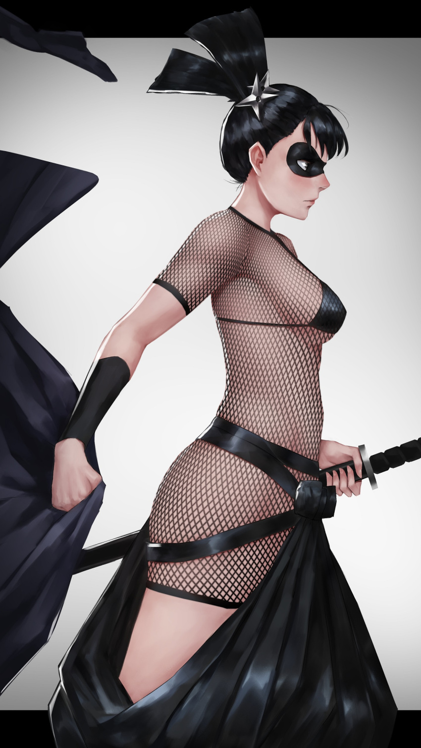 absurdres belt bikini black_bikini black_hair black_mask bluecup blush bodysuit cowboy_shot female fishnet_bodysuit fishnets from_side highres holding holding_sword holding_weapon long_hair one-punch_man profile shadow_ring solo swimsuit sword weapon