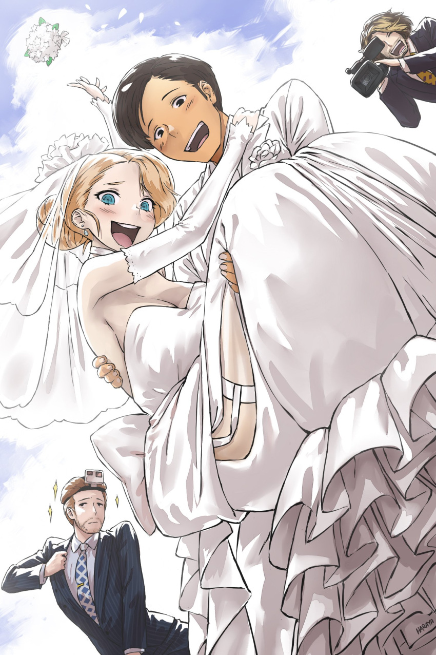 3boys blonde_hair blue_eyes blush bouquet brown_hair camera carrying cdawgva dress female gigguk haraya_manawari highres husband_and_wife jojo_pose multiple_boys pose princess_carry real_life recording sparkle straight sydsnap teeth the_anime_man tongue trash_taste tuxedo upper_teeth_only wedding_dress