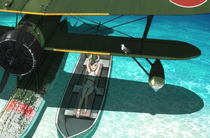 aircraft airplane akitsushima_(kancolle) akitsushima_(swimsuit_mode)_(kancolle) animal annin_musou bad_id bad_twitter_id bare_legs bikini biplane bird boat commentary_request female kantai_collection long_hair lying nakajima_e8n navel nishikitaitei-chan ocean on_back open_mouth propeller purple_eyes purple_hair roundel sandals seagull side_ponytail sidelocks smile solo swimsuit teeth toes upper_teeth_only vehicle_focus water watercraft