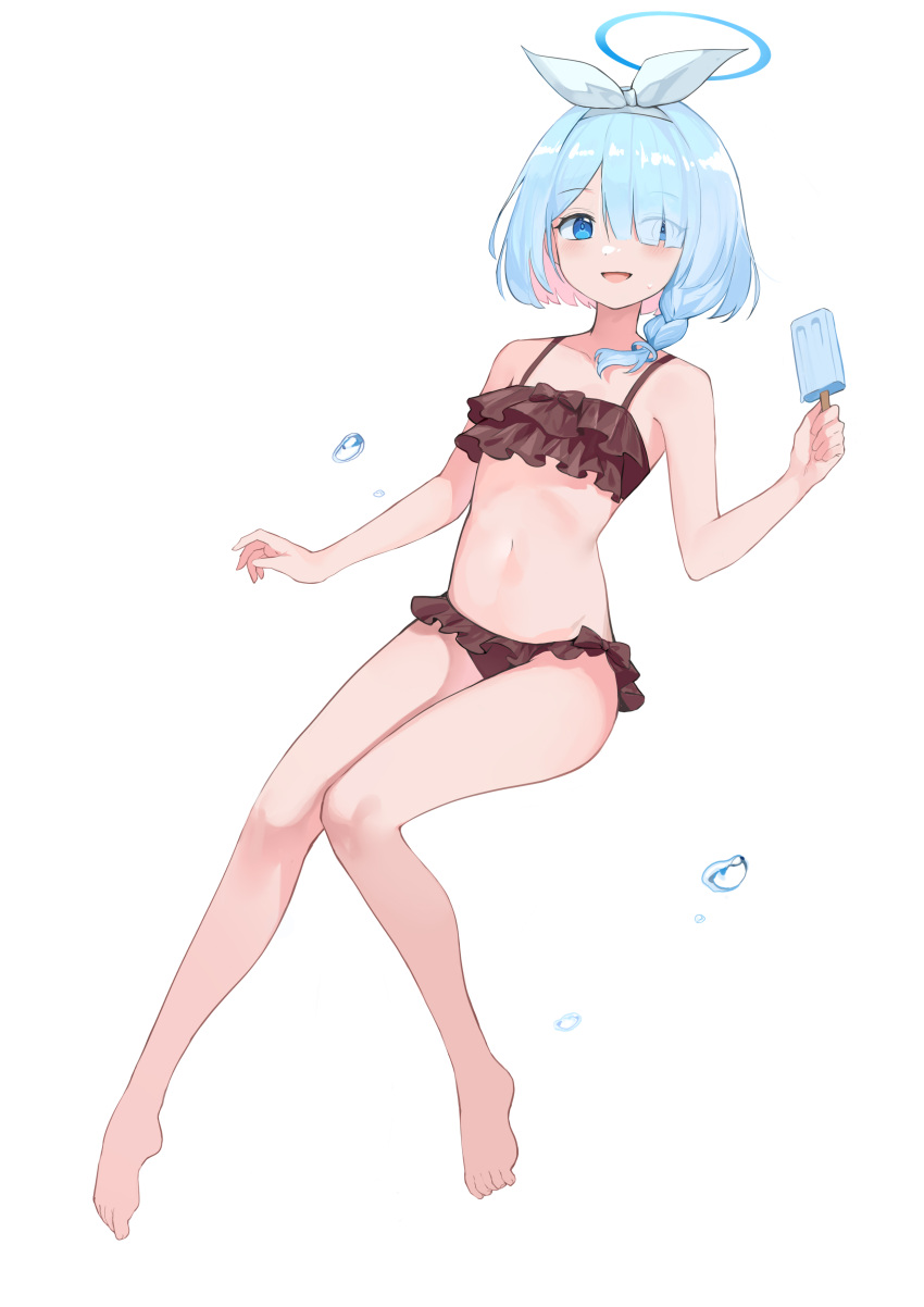 2r-_(pixiv8168114) :d absurdres arona_(blue_archive) barefoot bikini black_bikini blue_archive blue_eyes blue_hair braid brown_bikini colored_inner_hair commentary facing_viewer feet female flat_chest floating food frilled_bikini frills full_body hair_between_eyes hair_over_one_eye hairband halo hand_up highres holding holding_food holding_ice_cream ice_cream legs looking_ahead multicolored_hair navel one_eye_covered open_mouth pink_hair short_hair simple_background smile solo stomach swept_bangs swimsuit thighs toes water white_background white_hairband