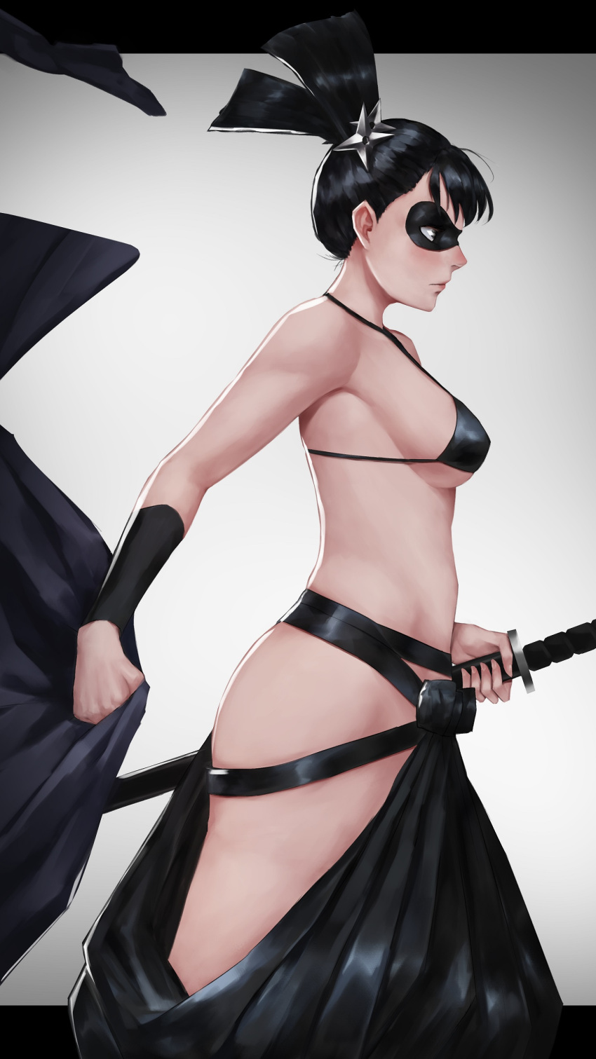 absurdres belt bikini black_bikini black_hair black_mask bluecup blush breasts cowboy_shot female from_side highres holding holding_sword holding_weapon long_hair one-punch_man profile shadow_ring solo swimsuit sword weapon