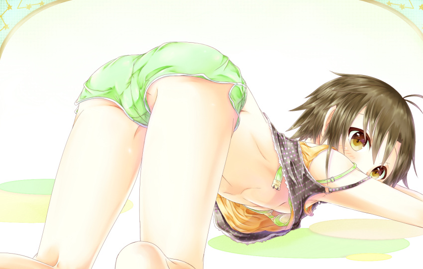 antenna_hair bad_id bad_pixiv_id black_hair blush bra breasts brown_eyes crotch_peek female green_shorts groin_tendon idolmaster idolmaster_(classic) kikuchi_makoto looking_back midriff open_bra sakakidani short_hair short_shorts shorts small_breasts solo thighs top-down_bottom-up underboob underwear upshirt upshorts