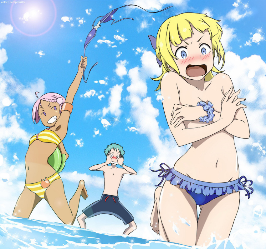 1boy 2girls aqua_hair ass_visible_through_thighs assisted_exposure bikini blonde_hair blue_bikini blue_eyes blush breasts cloud commentary_request covering_breasts covering_face covering_privates day elena_peoples eureka_seven_(series) eureka_seven_ao fleur_blanc frilled_bikini frills fukai_ao grin highres multiple_girls open_mouth outdoors photoshop_(medium) pink_hair purple_eyes sempronwu short_hair side-tie_bikini_bottom small_breasts smile striped_bikini striped_clothes swimsuit thigh_gap topless unworn_bikini_top water yellow_bikini