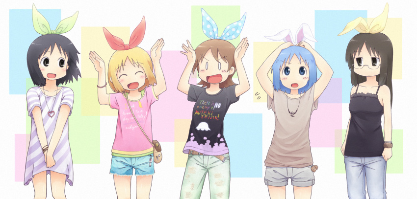 5girls aioi_yuuko alternate_costume annaka_haruna arms_up belt black_eyes black_hair blonde_hair blue_eyes blue_hair blush bow bracelet brown_eyes brown_hair casual closed_eyes commentary_request english_text engrish_text glasses hair_ribbon hairbow highres hiroki_eiki jewelry long_hair minakami_mai multiple_girls naganohara_mio necklace nichijou open_mouth own_hands_clasped own_hands_together ranguage ribbon romaji_text shinonome_nano shirt short_hair t-shirt