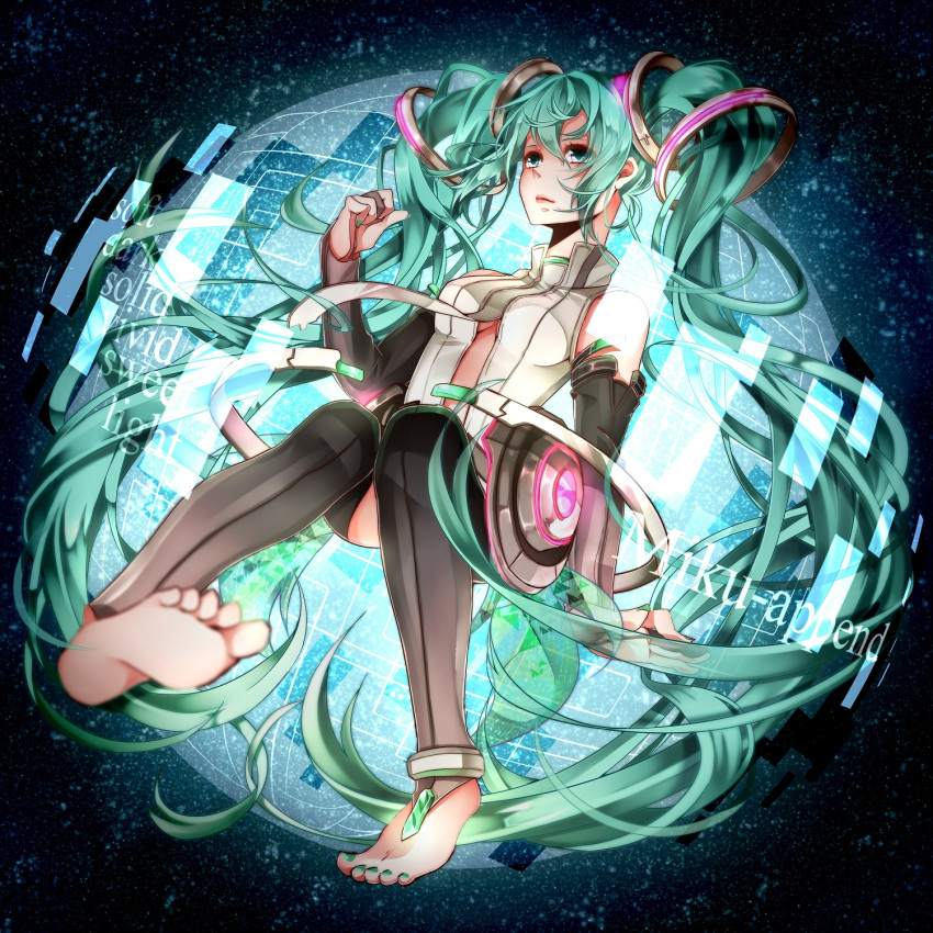 aqua_eyes aqua_hair barefoot blurry commentary_request depth_of_field feet female hatsune_miku hatsune_miku_(append) highres long_hair nail_polish nou_(nounknown) soles solo thighhighs toenail_polish toenails toes twintails very_long_hair vocaloid vocaloid_append