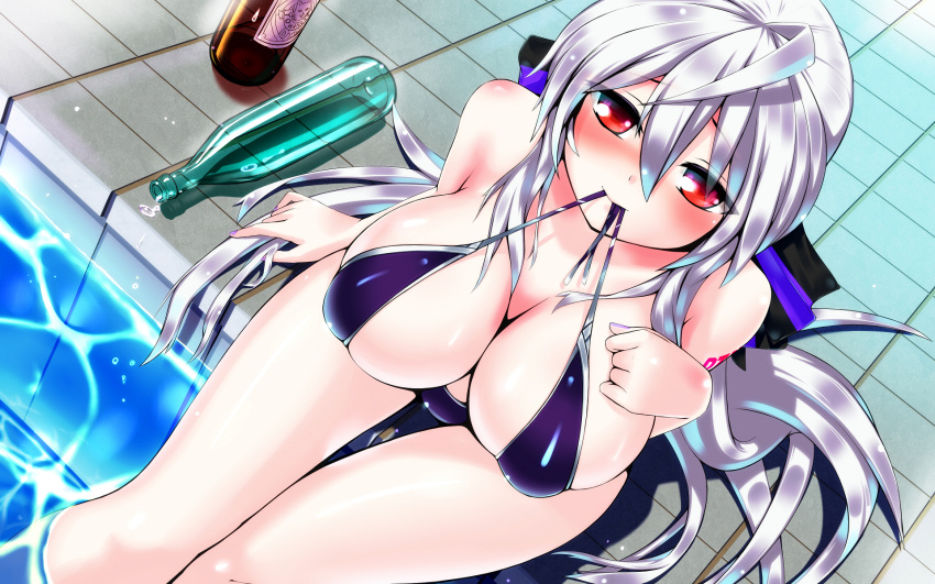 alcohol bikini blush bottle bow breasts cleavage commentary_request dangan_neko drunk dutch_angle female gimp_(medium) hairbow highres large_breasts long_hair mouth_hold ponytail pool poolside purple_bikini red_eyes sake smile soaking_feet solo striped_bow swimsuit tattoo thigh_gap untied_bikini very_long_hair vocaloid water white_hair yowane_haku