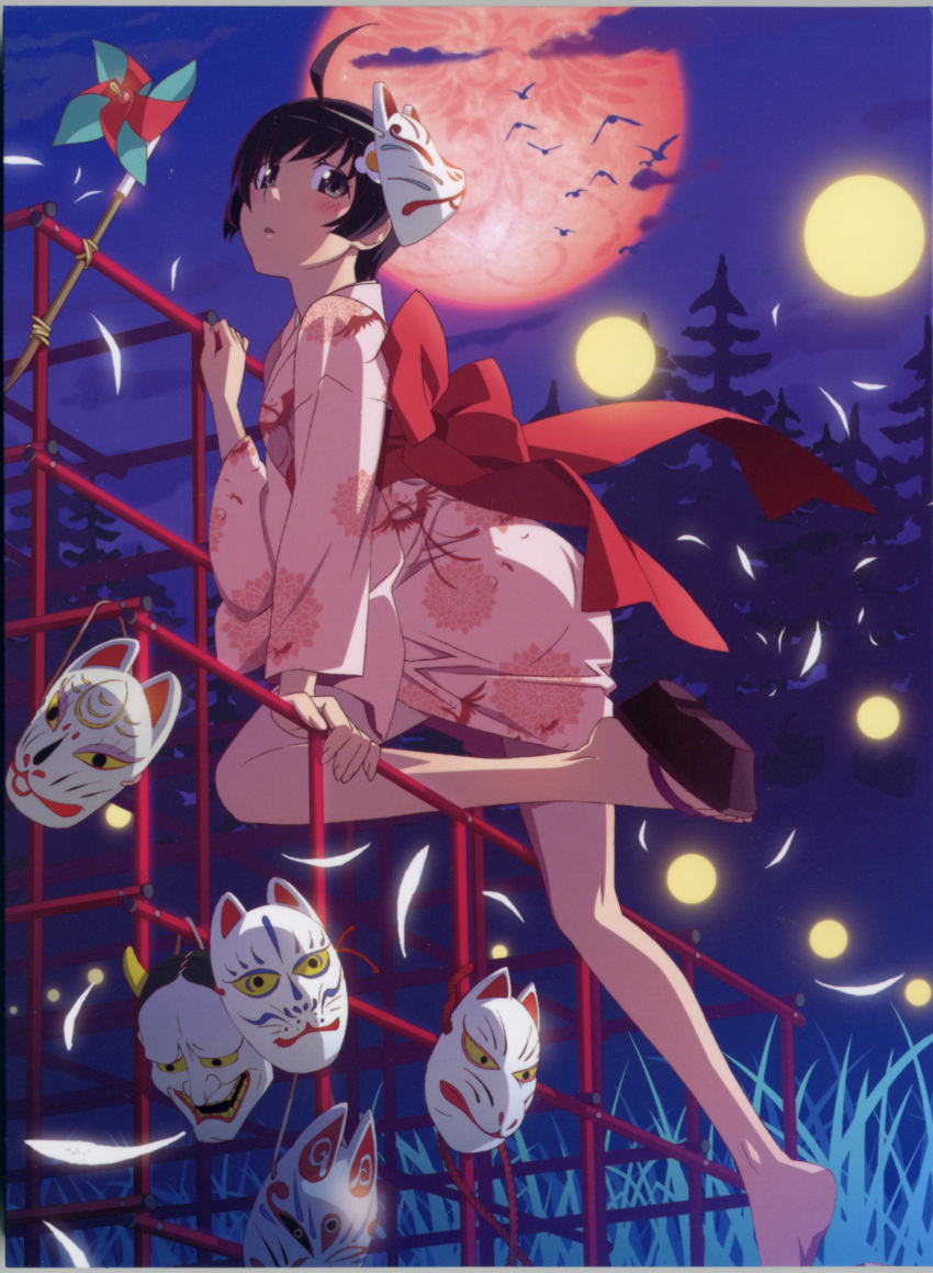 absurdres araragi_tsukihi ass bakemonogatari barefoot bird black_eyes black_hair blush cloud egg_hair_ornament female food-themed_hair_ornament fox_mask full_moon hair_ornament highres imageboard_desourced japanese_clothes jungle_gym kimono legs long_legs looking_at_viewer mask mask_on_head monogatari_(series) moon night nisemonogatari non-web_source official_art pink_kimono pinwheel red_moon scan shoe_dangle short_hair short_kimono short_yukata sky solo watanabe_akio white_mask yukata