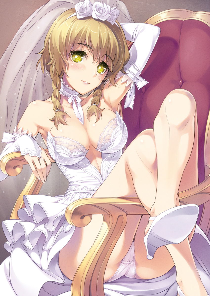 amane_suzuha arm_up blonde_hair blush braid breasts bridal_gauntlets cameltoe center_opening chair commentary_request crossed_legs dress elbow_gloves female frilled_panties frills gloves high_heels highres ikeda_yasuhiro large_breasts legs panties pantyshot photoshop_(medium) shoes short_hair sitting smile solo steins;gate thighs twin_braids underwear upskirt veil wedding_dress white_panties yellow_eyes