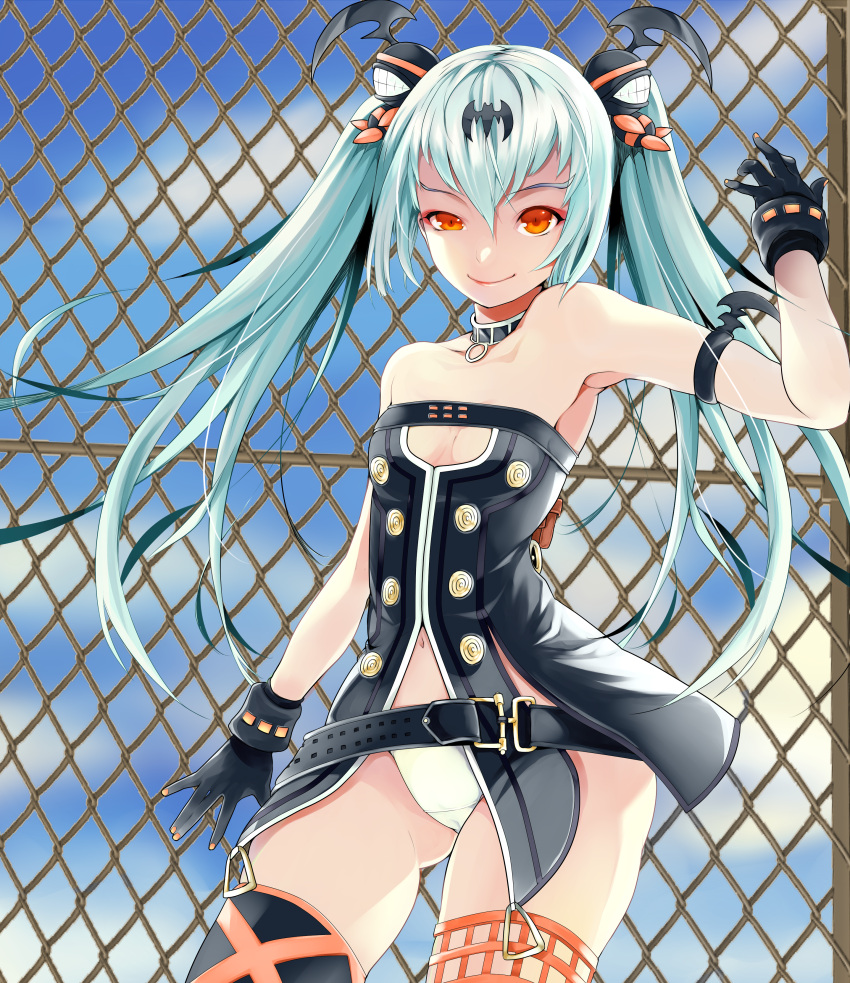 absurdres alice_(queen's_gate) armband bad_id bad_pixiv_id bare_shoulders belt belt_skirt black_thighhighs blue_hair chain-link_fence choker cleavage_cutout clothing_cutout cloud commentary_request contrapposto day female fence gloves hair_ornament highres long_hair looking_at_viewer navel orange_eyes panties queen's_blade queen's_gate settyaro skindentation sky smile solo standing thighhighs twintails underwear uneven_eyes white_panties