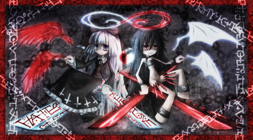 2girls angel asymmetry black_hair blue_eyes bottomless demon dress halo highres multiple_girls ray-k red_eyes ribbon sword weapon white_hair wings