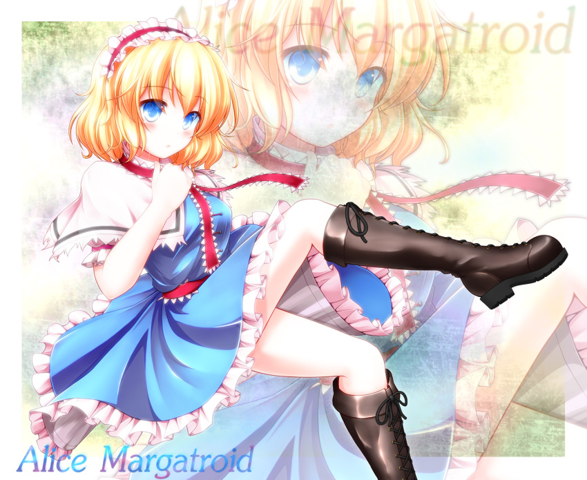 aka_tawashi alice_margatroid blonde_hair blue_eyes boots brown_footwear capelet character_name combat_boots commentary_request cross-laced_footwear dress female frills hairband highres lace-up_boots photoshop_(medium) puffy_sleeves sash short_hair short_sleeves solo touhou