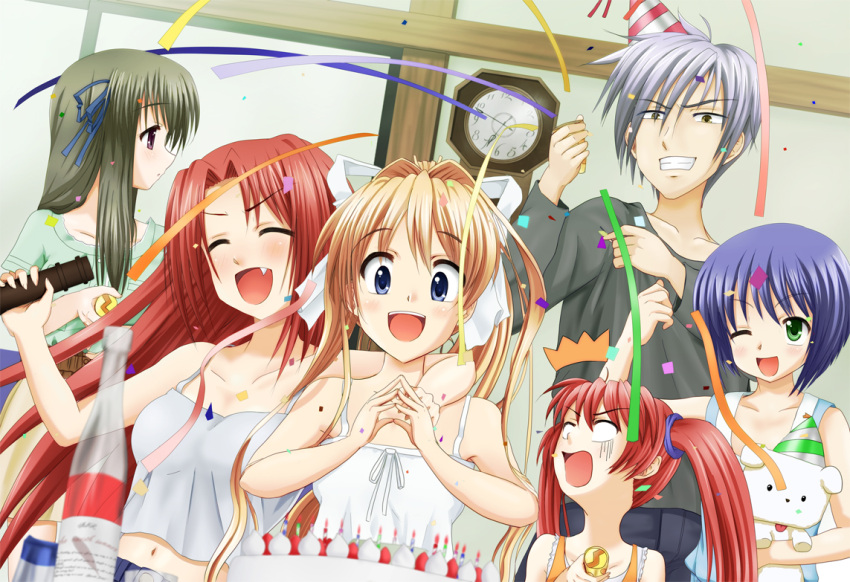 1boy 5girls air_(visual_novel) alcohol blonde_hair blush bottle cake canine casual commentary_request food grin kamio_haruko kamio_misuzu kirishima_kano kunisaki_yukito long_hair michiru_(air) midriff multiple_girls navel oerba_yun_fang one_eye_closed open_mouth party potato_(air) sake smile toono_minagi twintails yuzuki_karin