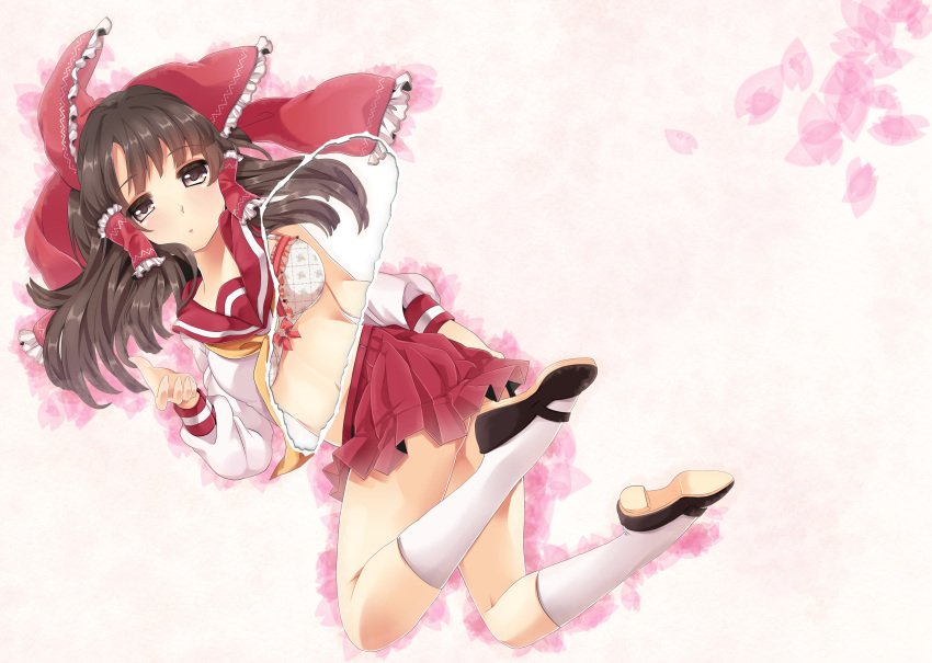 absurdres alternate_costume ascot bad_id bad_pixiv_id bow bra brown_hair female hair_tubes hairbow hakurei_reimu highres karasuma_yayoi kneehighs long_hair mary_janes page_tear red_bow red_skirt revealing_layer school_uniform shoes skirt socks solo touhou underwear white_socks