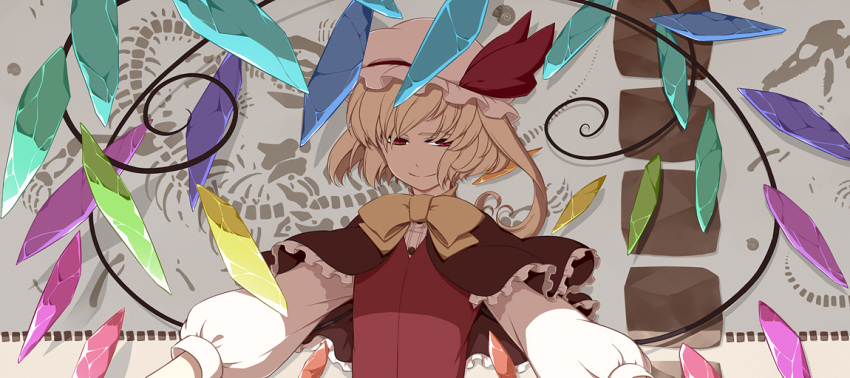 blonde_hair capelet commentary_request female flandre_scarlet hat hat_ribbon outstretched_arms photoshop_(medium) red_eyes ribbon sakuraba_yuuki side_ponytail smile solo touhou wings