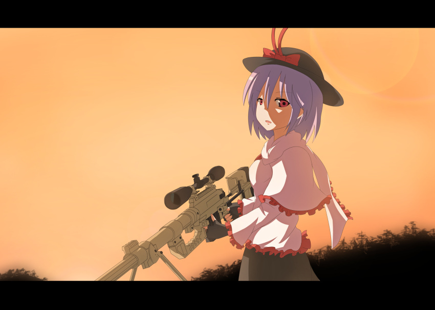 anime_coloring bolt_action bow cheytac_m200 commentary_request female finger_on_trigger fingerless_gloves frills gloves gun hat hat_bow highres letterboxed looking_at_viewer nagae_iku purple_hair red_eyes rifle shiroi_suzume short_hair sky sniper_rifle solo standing sunset touhou weapon