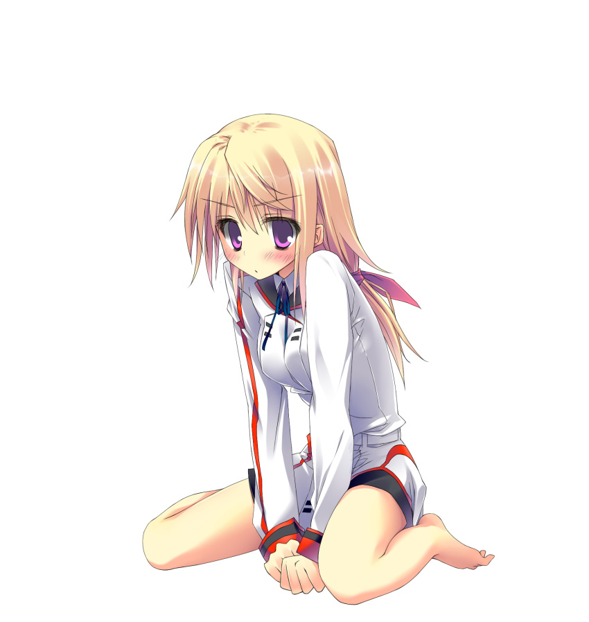 bad_id bad_pixiv_id barefoot blonde_hair blush charlotte_dunois female full_body highres infinite_stratos ite_fuji long_hair photoshop_(medium) purple_eyes school_uniform simple_background sitting solo v_arms wariza white_background