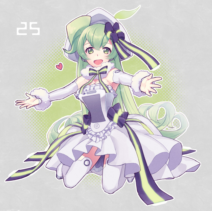 abe_(f!mixture) bad_id bad_pixiv_id detached_sleeves dress female green_eyes green_hair hat long_hair macne_nana macne_series outstretched_arms solo thighhighs very_long_hair