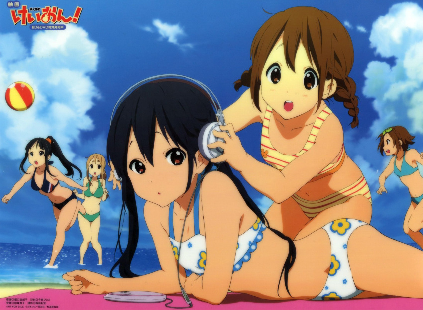 5girls akg akg_k-series_headphones akiyama_mio ball barefoot beach beachball bikini black_eyes black_hair blonde_hair brown_eyes brown_hair cd_player cloud day feet floral_print goggles headphones highres hirasawa_yui horiguchi_yukiko imageboard_desourced k-on! kotobuki_tsumugi long_hair looking_at_viewer lying multiple_girls nakano_azusa navel non-web_source ocean official_art on_stomach open_mouth outdoors ponytail round_teeth scan short_twintails sky striped_bikini striped_clothes swimsuit tainaka_ritsu teeth toes towel twintails water