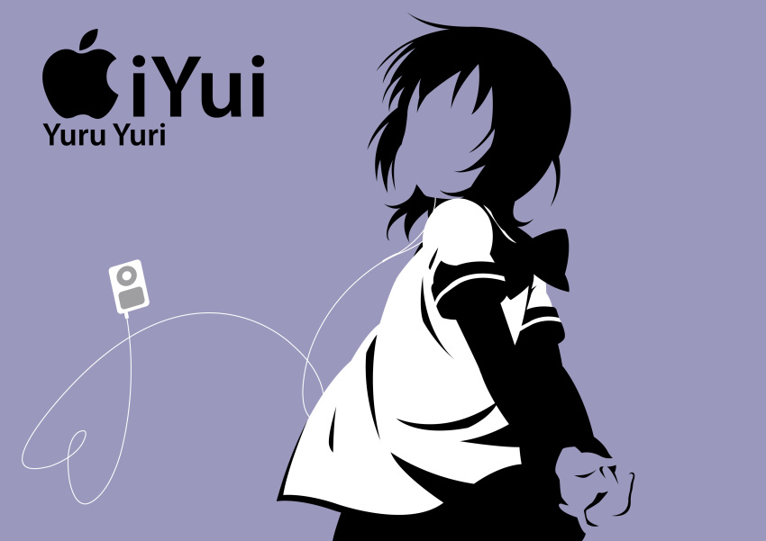 absurdres bad_id bad_pixiv_id digital_media_player female funami_yui highres ipod ipod_ad midorigunso3 monochrome nanamori_school_uniform parody photoshop_(medium) purple_theme school_uniform serafuku short_hair silhouette solo yuru_yuri