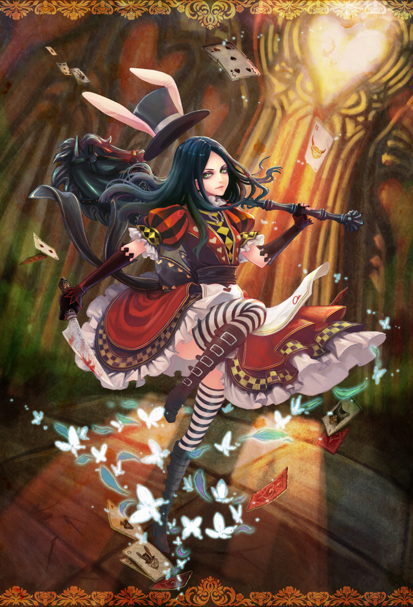 alice:_madness_returns alice_liddell_(american_mcgee's_alice) american_mcgee's_alice animal_ears black_hair boots card commentary_request dress fake_animal_ears female hat heart highres holding holding_knife knife leaf long_hair looking_at_viewer photoshop_(medium) playing_card rabbit_ears solo striped_clothes striped_thighhighs thighhighs yang_yang_(tigu)