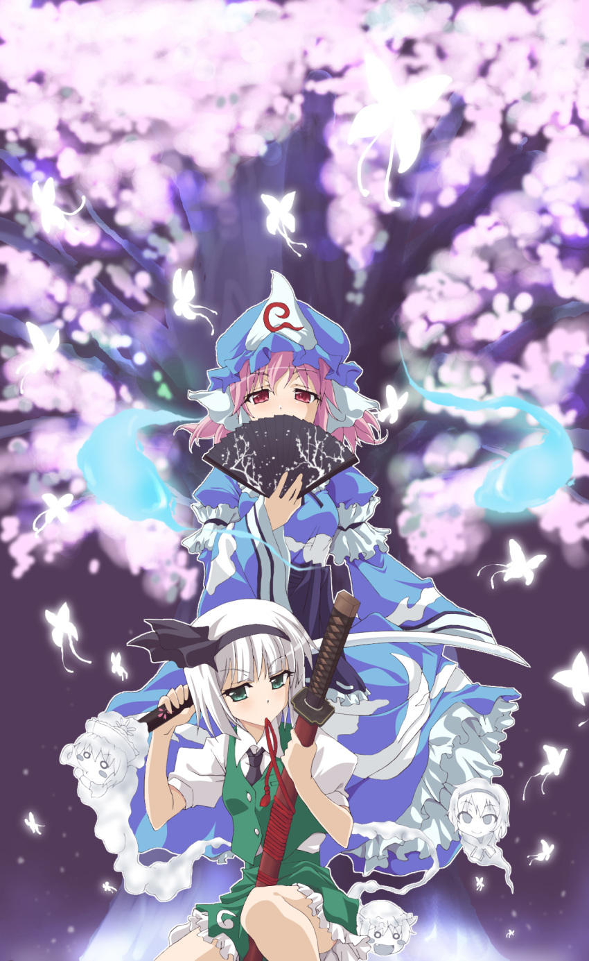 2girls akuto alice_margatroid bad_id bad_pixiv_id bug butterfly chen cherry_blossoms covering_own_mouth dual_wielding frills ghost green_eyes hair_ribbon hairband hand_fan hat highres hitodama holding konpaku_youmu long_skirt long_sleeves merlin_prismriver multiple_girls necktie pink_eyes pink_hair puffy_sleeves ribbon saigyouji_yuyuko short_hair short_sleeves skirt sword touhou triangular_headpiece weapon white_hair wide_sleeves