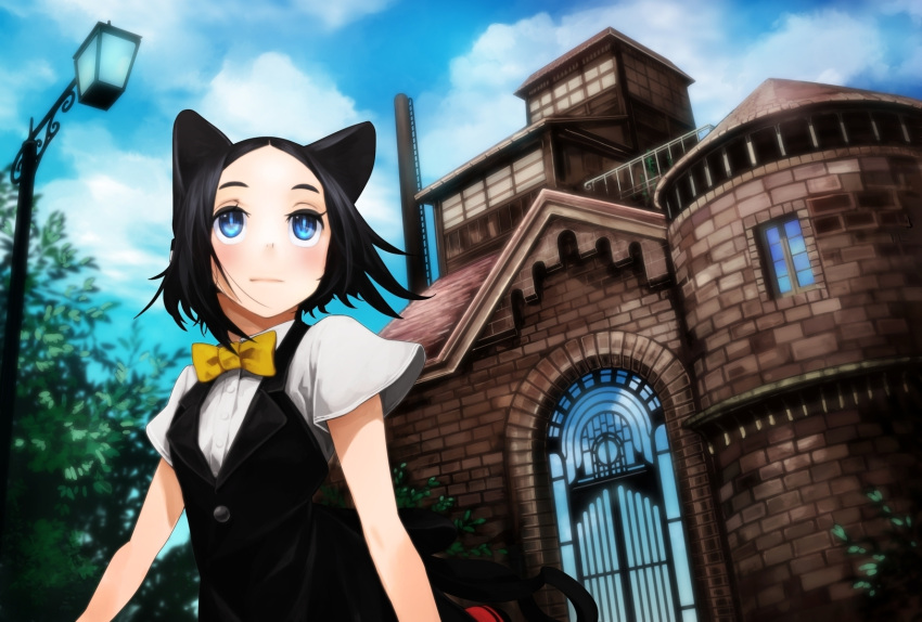 animal_ears black_hair blue_eyes blush bow brick_wall building cloud commentary_request day female forehead gate highres lamppost original outdoors reflection short_hair sky solo window yunar