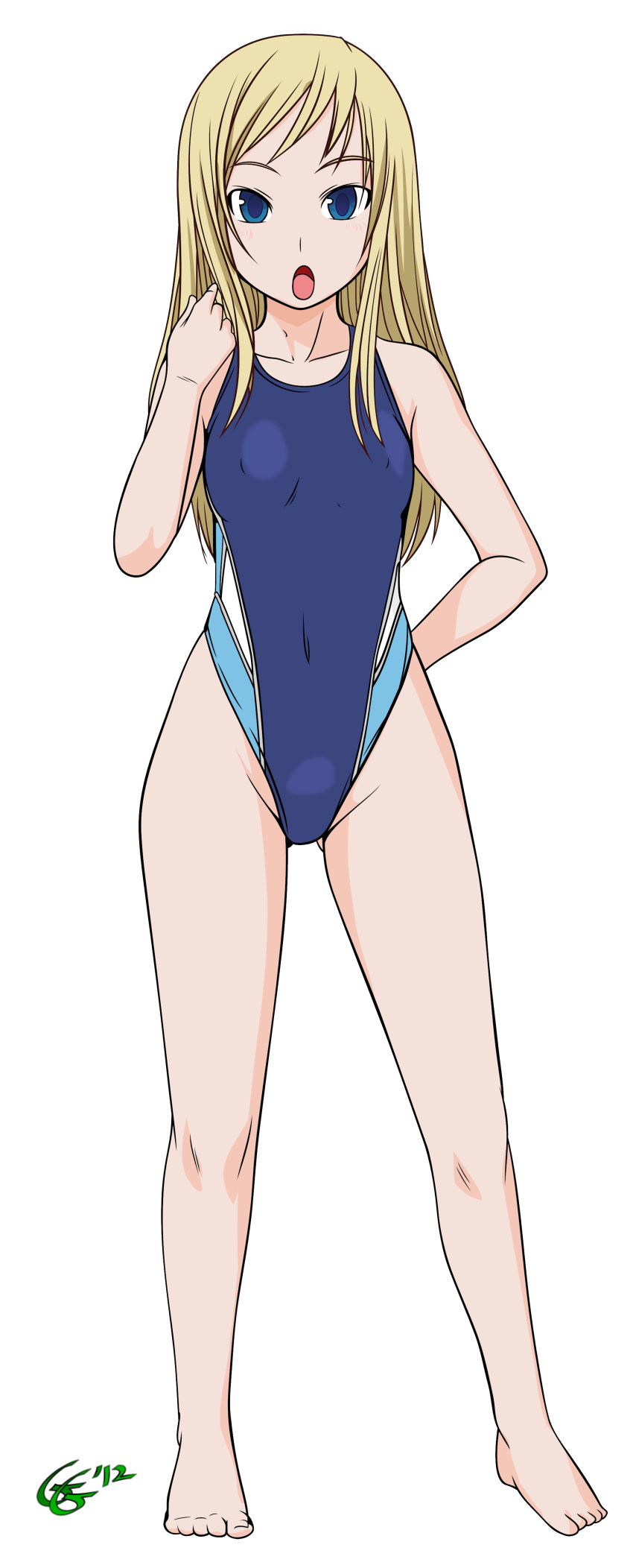 absurdres barefoot blonde_hair blue_eyes bosshi commentary_request competition_swimsuit derivative_work female gg22 highres long_hair one-piece_swimsuit original recolored solo swimsuit transparent_background vector_trace