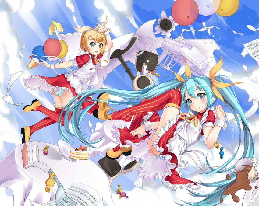 2girls absurdres aqua_eyes aqua_hair balloon bass_clef beamed_eighth_notes blonde_hair book cake candy chair cloud commentary_request day dress eighth_note fermata flat_sign food grand_piano hair_ornament hair_ribbon hairclip half_note hatsune_miku highres instrument kagamine_rin long_hair mary_janes multiple_girls musical_note panties photoshop_(medium) piano quarter_note ribbon sheet_music shoes short_hair sky striped_clothes striped_panties striped_thighhighs table thighhighs time_signature treble_clef ttk_(kirinottk) twintails underwear vertical-striped_clothes vertical-striped_thighhighs very_long_hair vocaloid wrist_cuffs