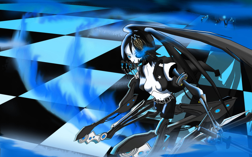 black_rock_shooter black_rock_shooter_(cosplay) blue_eyes bone bones breasts calne_ca cleavage crossover female highres insects machine skeleton vocaloid