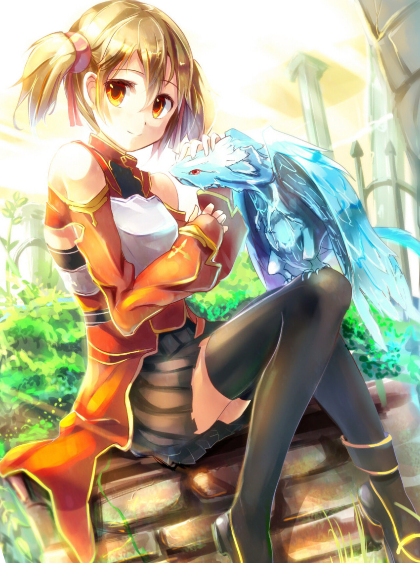 armor bird black_thighhighs breastplate brown_hair commentary_request dragon female highres looking_at_viewer orange_eyes pina_(sao) railing sakura_ani short_twintails silica sitting skirt smile sword_art_online thighhighs twintails