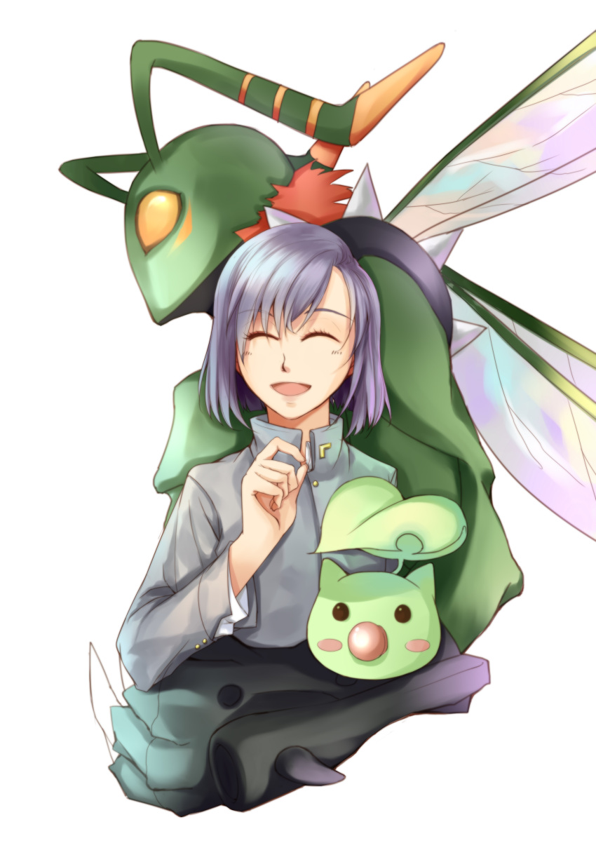 1boy absurdres antennae black_hair blush_stickers claws closed_eyes commentary_request digimon digimon_(creature) digimon_adventure_02 dual_persona highres ichijouji_ken insect_wings leaf leafmon long_sleeves orange_hair partial_commentary photoshop_(medium) sanada_makomi school_uniform smile spikes stingmon wings