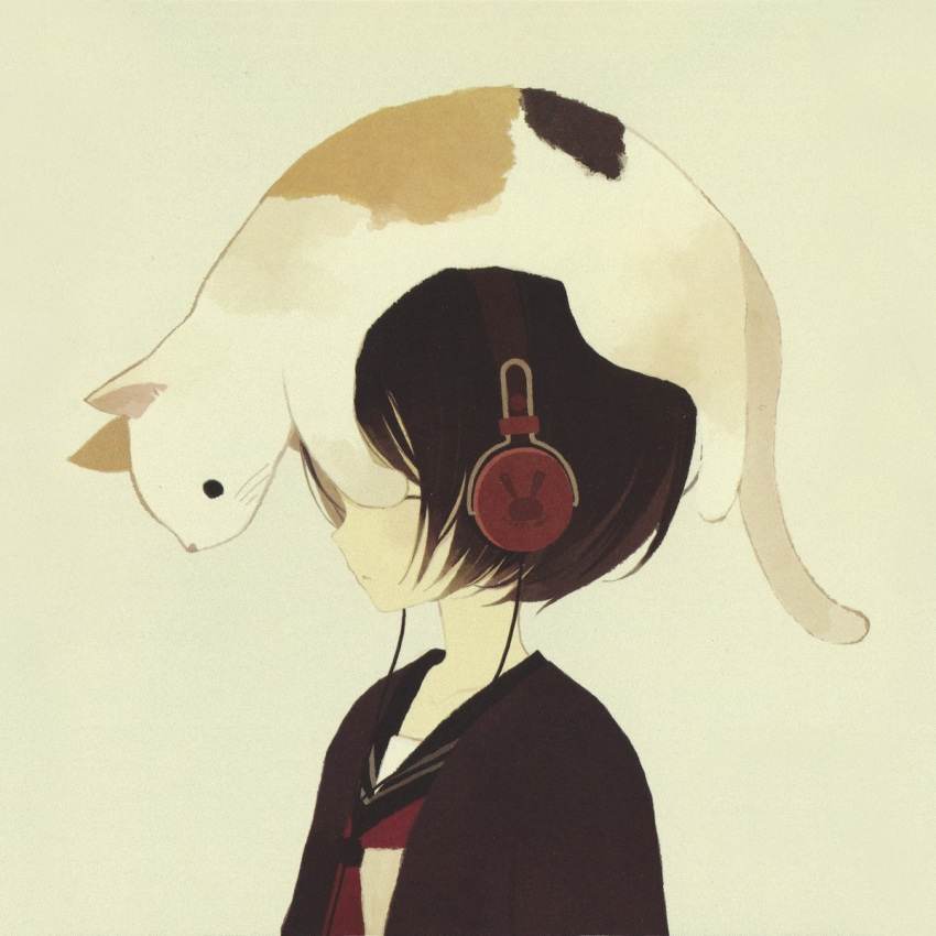 animal animal_on_head brown_hair cat_on_head feline female headphones highres mitsuki_mouse on_head original scan school_uniform serafuku short_hair simple_background solo