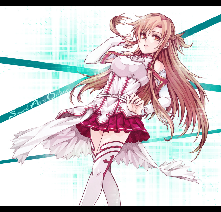 armor asuna_(sao) bad_id bad_pixiv_id bare_shoulders belt braid breastplate brown_hair copyright_name detached_sleeves female hair_flip highres long_hair long_sleeves machi_fuka miniskirt pleated_skirt red_skirt skirt sleeves_past_wrists solo sword_art_online thighhighs very_long_hair white_armor white_belt white_sleeves white_thighhighs yellow_eyes zettai_ryouiki