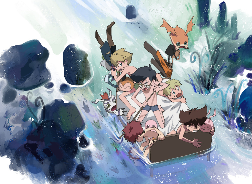 5boys absurdres bed digimon digimon_(creature) digimon_adventure fish gomamon highres ishida_yamato izumi_koshiro kido_jo koromon male_focus male_underwear mochimon multiple_boys oar patamon reflection ripples river rock rowing stick takaishi_takeru tantanmen tunomon underwear underwear_only unworn_clothes water weeds yagami_taichi