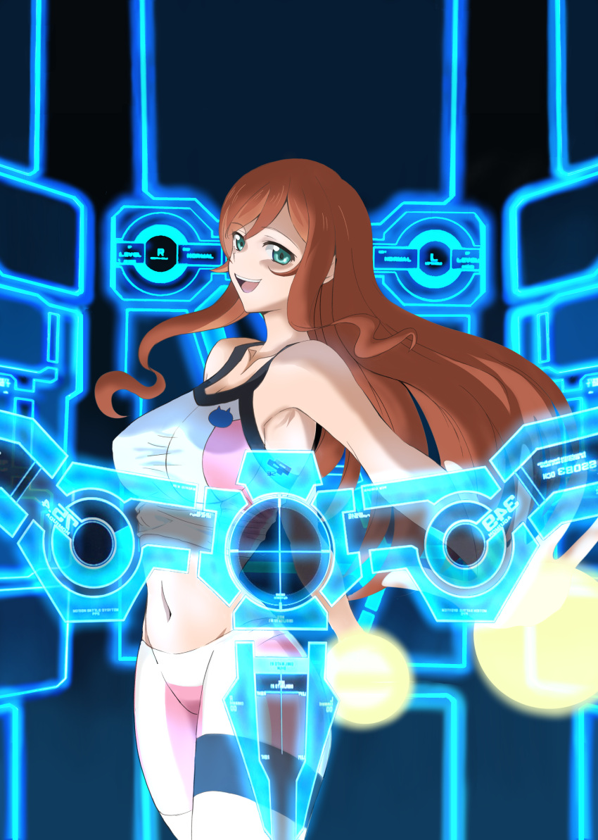 absurdres armpit_peek breasts brown_hair collarbone cosplay female floating_hair green_eyes gundam gundam_build_fighters gundam_build_fighters_try highres holographic_monitor hoshino_fumina hoshino_fumina_(cosplay) kamiki_mirai kou_(spad7u59) long_hair looking_at_viewer medium_breasts navel open_hand open_mouth pink_shorts shorts smile sports_bra two-tone_sports_bra