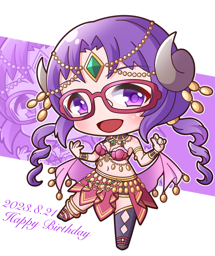 :d absurdres bare_shoulders black_footwear black_thighhighs breasts chibi cleavage commentary_request dated female forehead_jewel full_body glasses hands_up happy_birthday highres horns long_hair looking_at_viewer low_twintails nanaka_(princess_connect!) navel parted_bangs princess_connect! purple_eyes purple_hair red-framed_eyewear saishosaisekojo single_thighhigh small_breasts smile solo standing standing_on_one_leg thighhighs twintails very_long_hair white_background zoom_layer