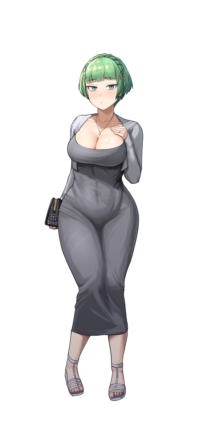 absurdres bag blue_eyes breasts cleavage collarbone commission curvy dress dryseaweed female grey_dress grey_hair handbag highres jewelry large_breasts last_origin long_sleeves looking_at_viewer necklace pixiv_commission ring short_hair solo vanilla_(last_origin) white_background wide_hips