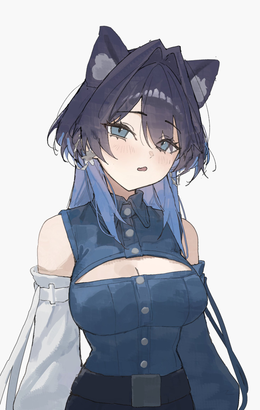 animal_ears arch_05x asymmetrical_sleeves black_hair black_pants blue_eyes blue_hair blue_shirt blue_sleeves breasts cat_ears cat_girl chain_earrings chains cleavage cleavage_cutout clothing_cutout collared_shirt colored_inner_hair cowboy_shot detached_sleeves extra_ears female hair_intakes highres hololive hololive_english large_breasts long_hair long_sleeves looking_at_viewer mismatched_sleeves multicolored_hair official_alternate_costume official_alternate_hairstyle open_mouth ouro_kronii ouro_kronii_(4th_costume) pants shirt simple_background sleeveless sleeveless_shirt solo virtual_youtuber white_background white_sleeves wolf_cut