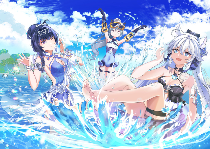 3girls absurdres ahoge animal_ears armpits arms_up bare_shoulders beach bikini blue_one-piece_swimsuit blue_sky breasts bronya_zaychik bronya_zaychik_(herrscher_of_truth) casual_one-piece_swimsuit cat_ears chocola_s cleavage cleavage_cutout closed_mouth clothing_cutout cloud cloudy_sky covered_navel dress goggles goggles_on_head grey_hair hair_ornament highres honkai_(series) honkai_impact_3rd innertube kiana_kaslana kiana_kaslana_(herrscher_of_finality) kiana_kaslana_(selenic_ripples)_(honkai_impact) long_hair multiple_girls navel one-piece_swimsuit one_eye_closed open_mouth outdoors ponytail purple_dress purple_eyes raiden_mei raiden_mei_(crooning_tides)_(honkai_impact) raiden_mei_(herrscher_of_origin) sky smile soles swim_ring swimsuit toes very_long_hair water white_hair