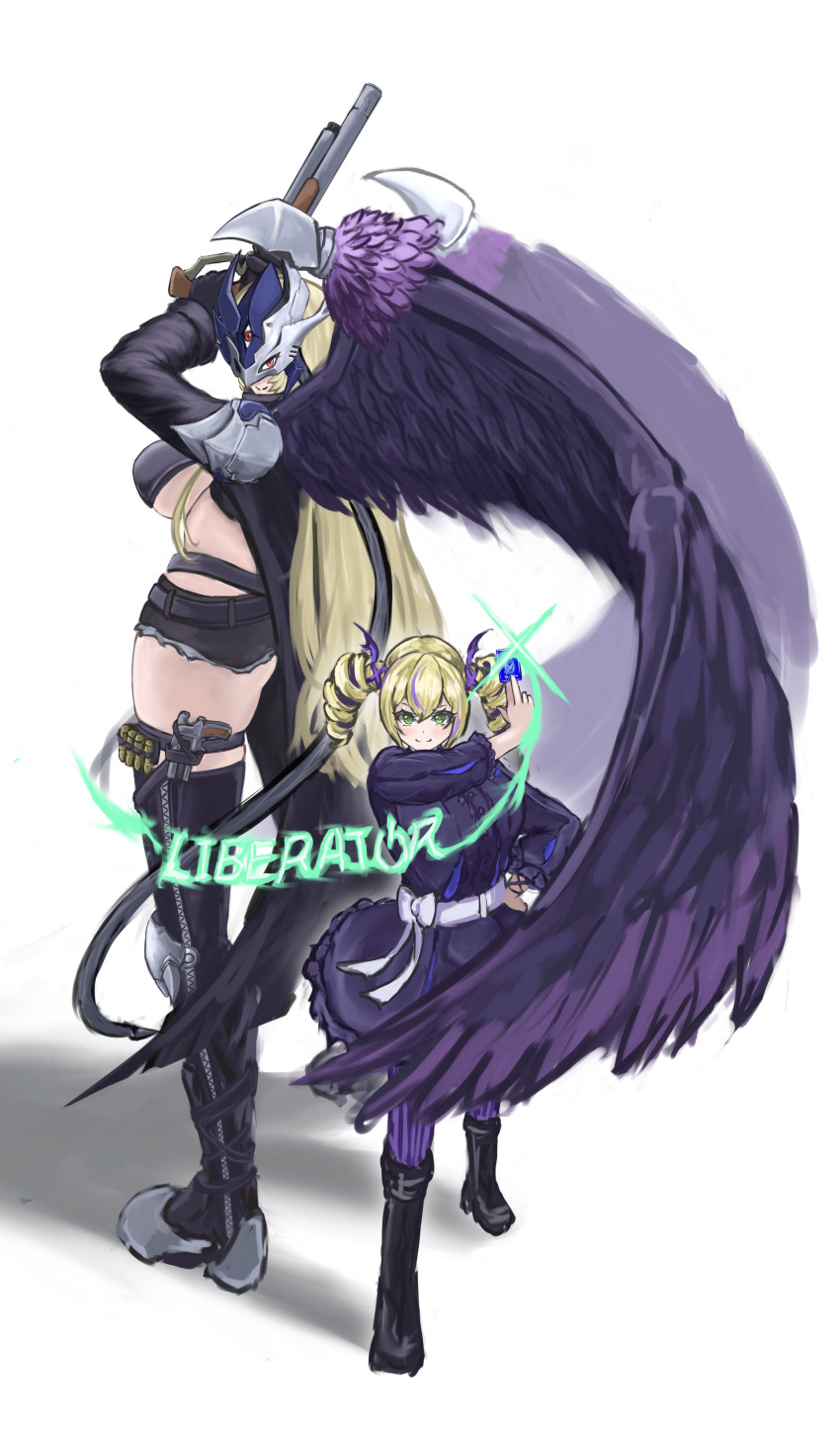 2girls absurdres ammunition arm_up armor asymmetrical_clothes beelstarmon_x black_coat black_dress black_feathers black_footwear black_pants black_vest black_wings blonde_hair boots breasts can card closed_mouth coat commentary copyright_name cropped_vest denim denim_shorts derringer digimon digimon_(creature) digimon_card_game digimon_liberator dress drill_hair eye_mask feathered_wings feathers full_body glint green_eyes gun hair_between_eyes handgun highres holding holding_can holding_card holding_gun holding_weapon knee_boots large_breasts long_hair looking_at_viewer multiple_girls pants rag76 red_eyes shadow shorts shoulder_armor sidelocks simple_background single_pantsleg single_thigh_boot skindentation smile standing stomach thigh_boots third_eye twin_drills underboob vest violet_inboots weapon white_background wings zipper