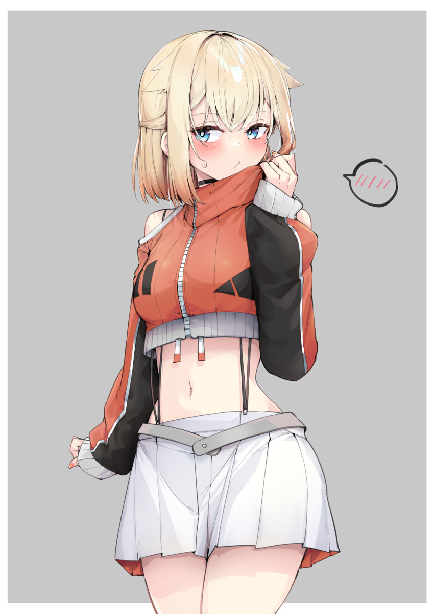 blonde_hair blue_eyes blush border breasts cevio closed_mouth clothing_cutout cowboy_shot crop_top cropped_jacket female grey_background hair_between_eyes hair_flaps hand_up highres jacket long_sleeves looking_at_viewer medium_breasts midriff miniskirt multicolored_hair navel one_(cevio) orange_hair pleated_skirt short_hair shoulder_cutout simple_background skirt sleeves_past_wrists solo spoken_blush stomach suspenders sweatdrop thighs white_border white_skirt zipper zipper_pull_tab zooanime