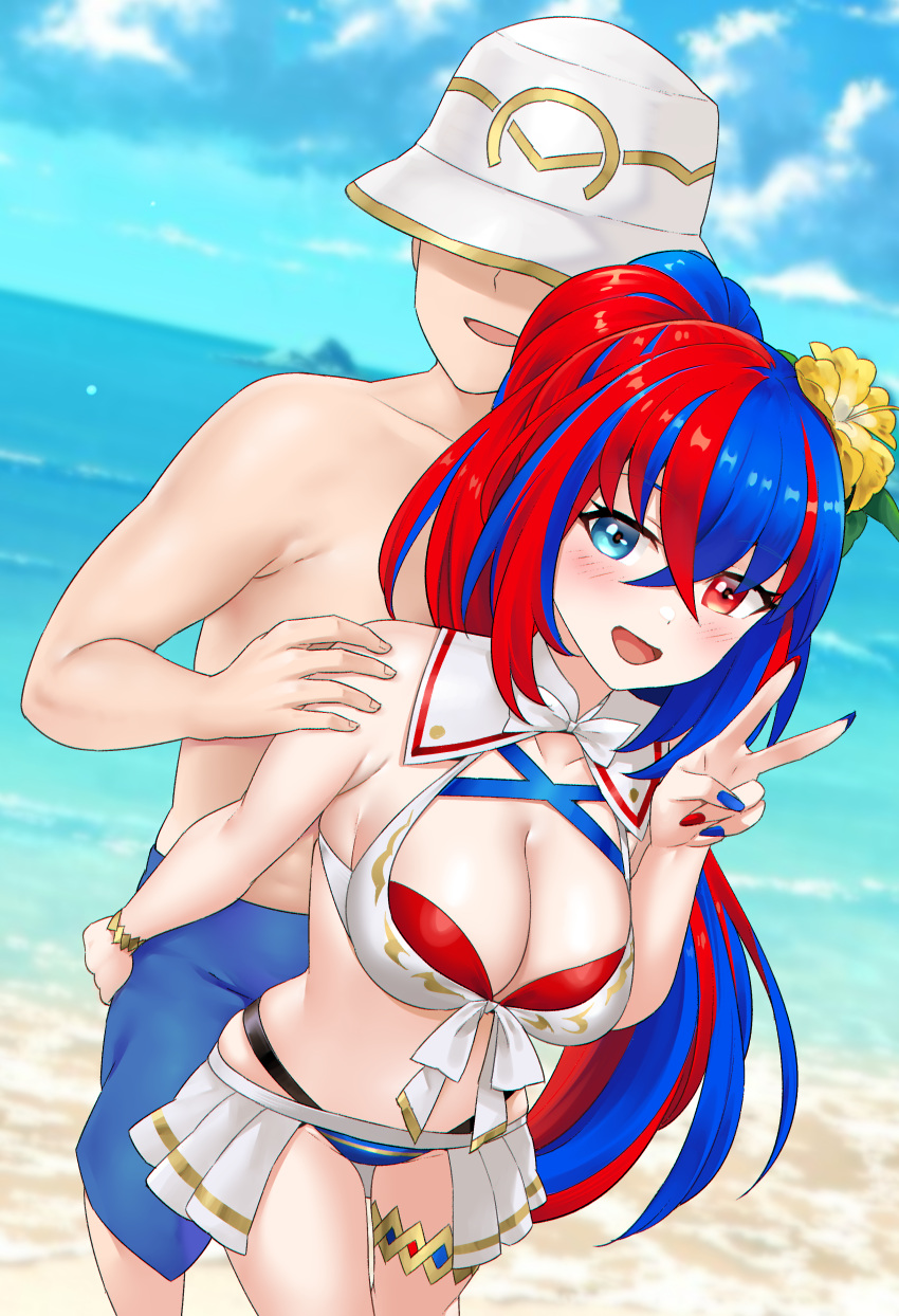 1boy absurdres alear_(female)_(seaside_dragon)_(fire_emblem) bikini blue_bikini blue_eyes blue_hair blue_nails breasts bucket_hat cleavage commission commissioner_upload couple criss-cross_halter crossed_bangs faceless faceless_male female fingernails fire_emblem fire_emblem_engage fire_emblem_heroes flower hair_flower hair_ornament halterneck hat heterochromia highres igni_tion kiran_(fire_emblem) kiran_(male)_(fire_emblem) long_fingernails long_hair multicolored_bikini multicolored_clothes multicolored_hair multicolored_swimsuit nail_polish non-web_source official_alternate_costume official_alternate_hairstyle ponytail red_bikini red_eyes red_hair split-color_hair straight swimsuit two-tone_hair v white_bikini yellow_flower