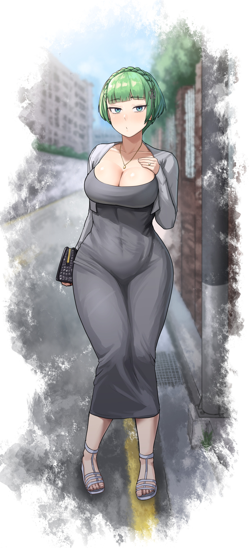 absurdres bag blue_eyes breasts cleavage collarbone commission curvy dress dryseaweed female grey_dress grey_hair handbag highres jewelry large_breasts last_origin long_sleeves looking_at_viewer necklace outdoors pixiv_commission ring short_hair solo vanilla_(last_origin) wide_hips