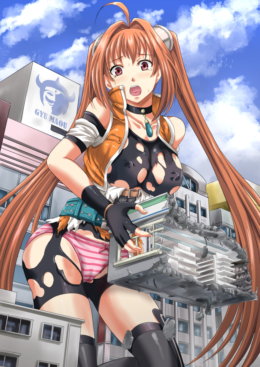 absurdres ahoge antenna_hair blue_sky brown_hair building commission destruction dragon_ball eiyuu_densetsu estelle_bright female fingerless_gloves giant giantess gloves gyuu_mao highres long_hair looking_at_viewer nao_takami open_mouth outdoors panties pantyshot pendant_choker red_eyes shirt size_difference skeb_commission sky solo sweat thighhighs torn_clothes torn_shirt torn_thighhighs twintails underwear very_long_hair