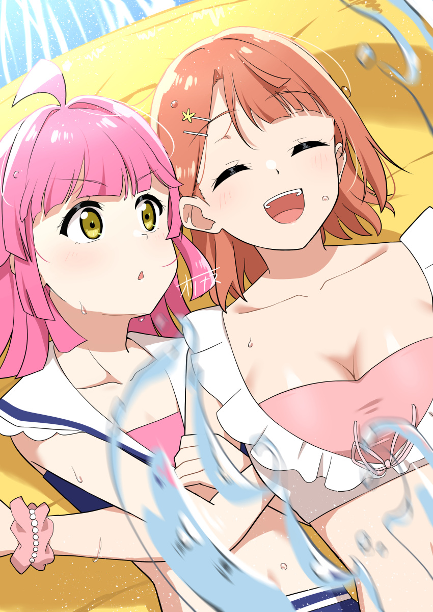 2girls absurdres ahoge arm_hug bikini blunt_bangs blush breasts cleavage closed_eyes collarbone commentary_request hair_ornament hairclip highres looking_at_another love_live! love_live!_nijigasaki_high_school_idol_club medium_breasts multiple_girls open_mouth orinasu pink_bikini pink_hair red_hair scrunchie short_hair signature splashing stomach swept_bangs swimsuit tennoji_rina triangle_mouth uehara_ayumu upper_body v-shaped_eyebrows water wrist_scrunchie yellow_eyes